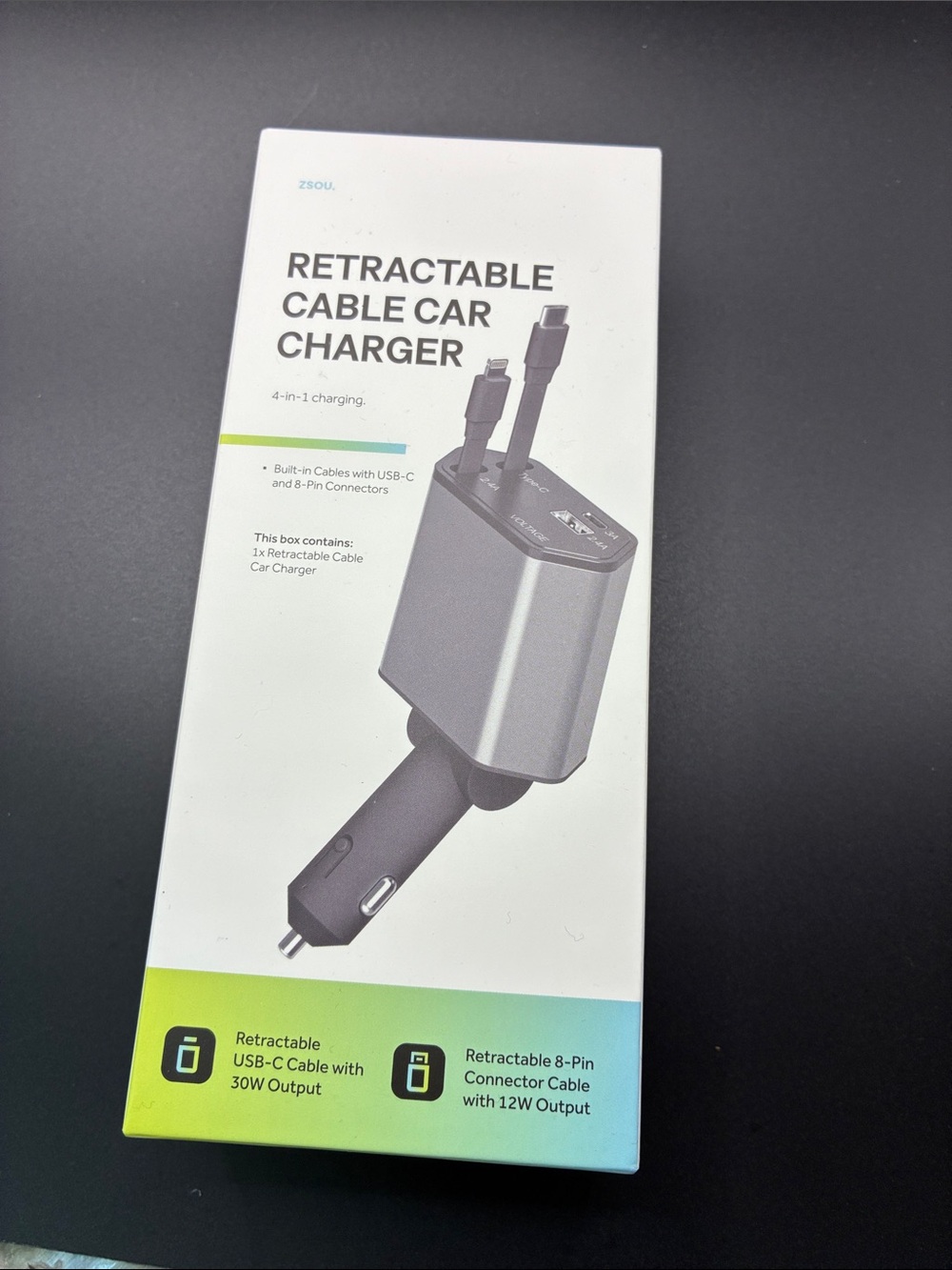 Retractable Car Charger with Built-In Cables - Silver